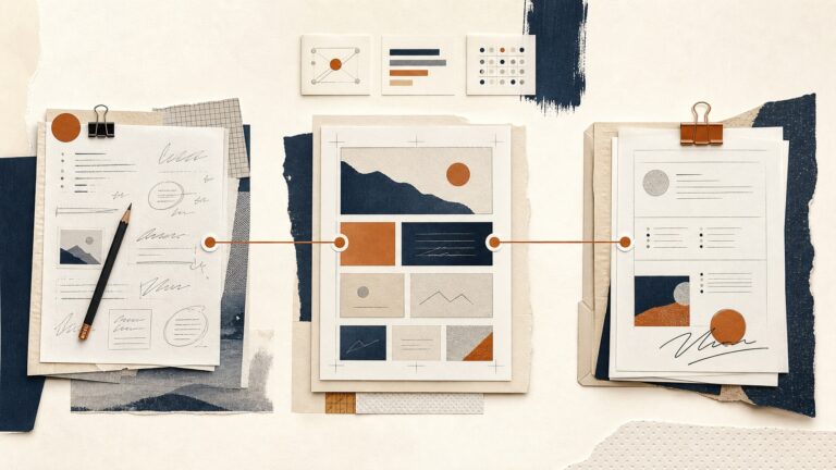 Collage editoriale sul percorso professionale del copywriter, dalla ricerca al cliente
