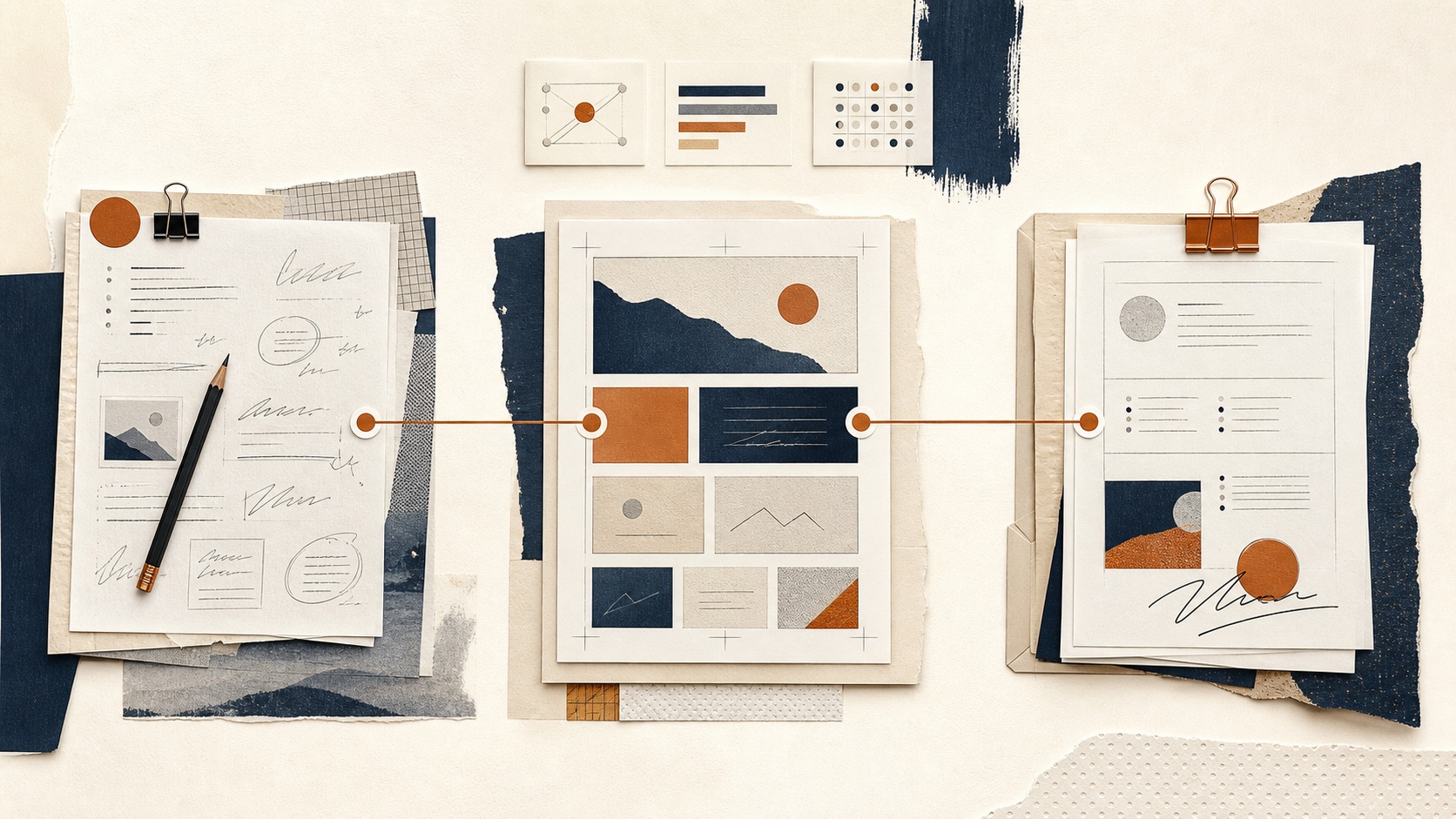 Collage editoriale sul percorso professionale del copywriter, dalla ricerca al cliente